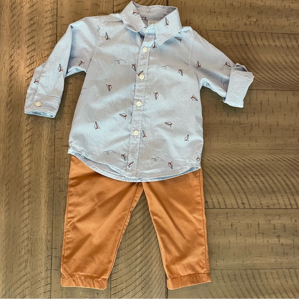 Light Blue 12M Collard Shirt and Tan Pants Set